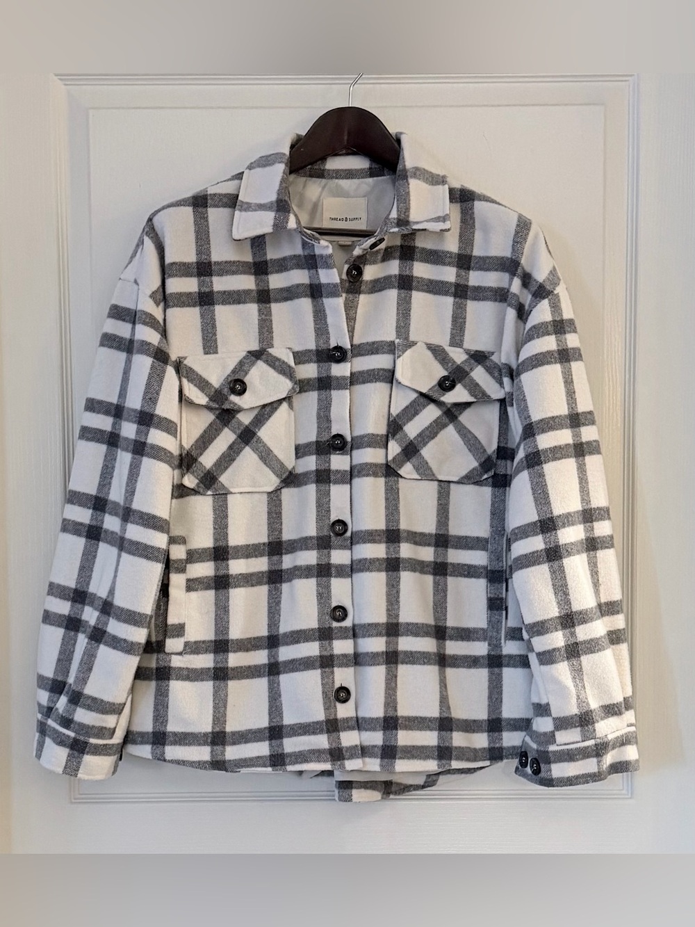 Thread & Supply White and Gray Plaid Utility Jacket